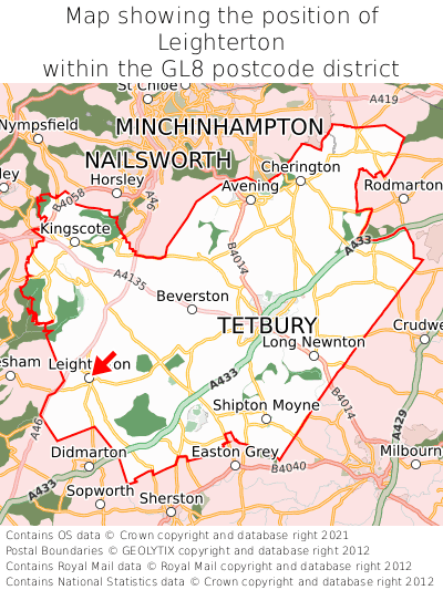 Map showing location of Leighterton within GL8