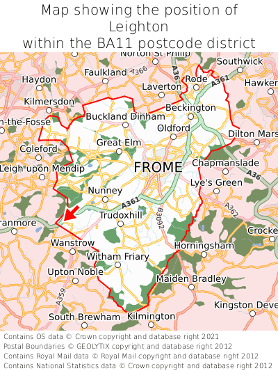 Map showing location of Leighton within BA11