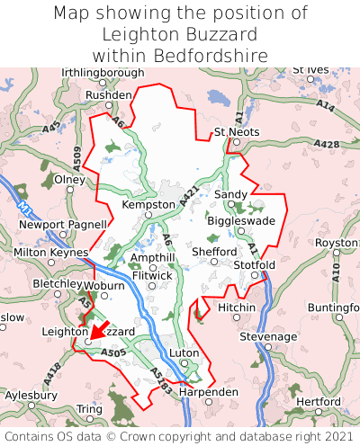 Map showing location of Leighton Buzzard within Bedfordshire