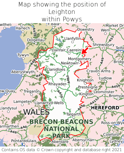 Map showing location of Leighton within Powys