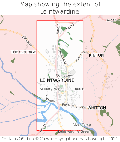 Map showing extent of Leintwardine as bounding box