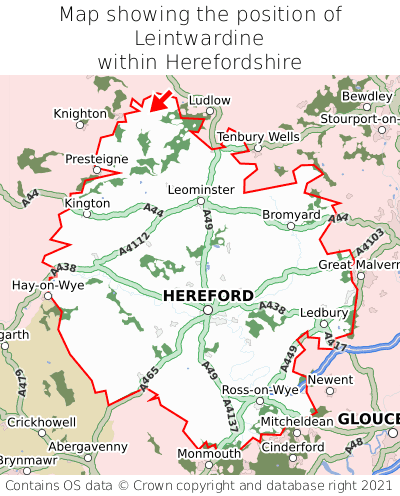 Map showing location of Leintwardine within Herefordshire