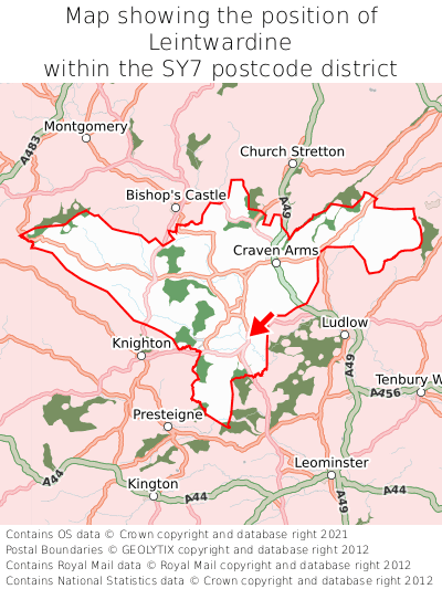 Map showing location of Leintwardine within SY7