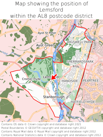 Map showing location of Lemsford within AL8