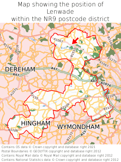 Map showing location of Lenwade within NR9