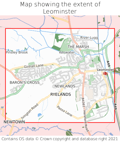 Map showing extent of Leominster as bounding box