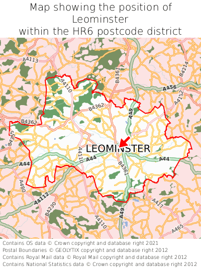 Map showing location of Leominster within HR6