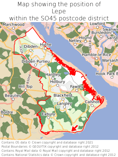 Map showing location of Lepe within SO45