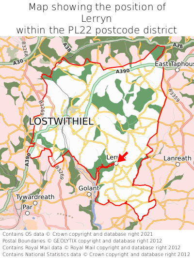 Map showing location of Lerryn within PL22