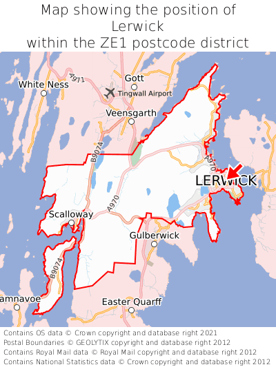 Map showing location of Lerwick within ZE1