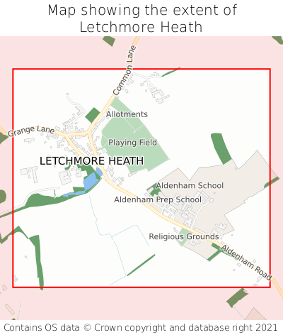 Map showing extent of Letchmore Heath as bounding box