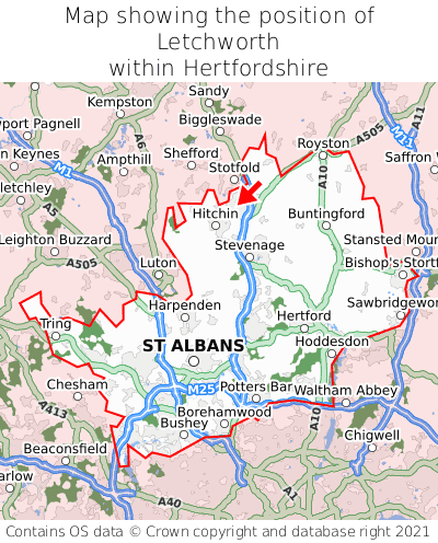Map showing location of Letchworth within Hertfordshire