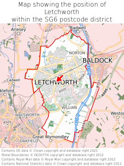 Map showing location of Letchworth within SG6