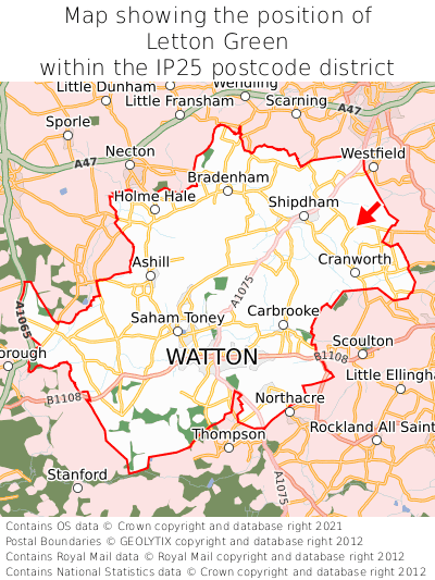 Map showing location of Letton Green within IP25