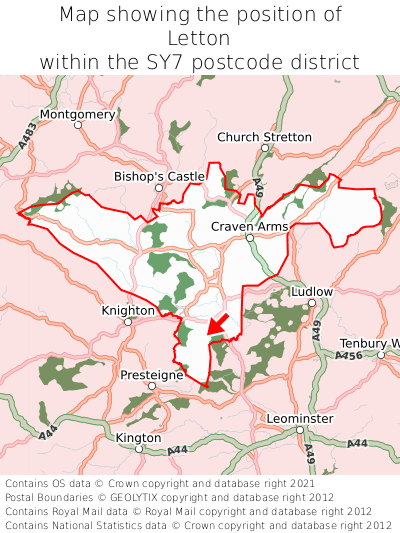Map showing location of Letton within SY7