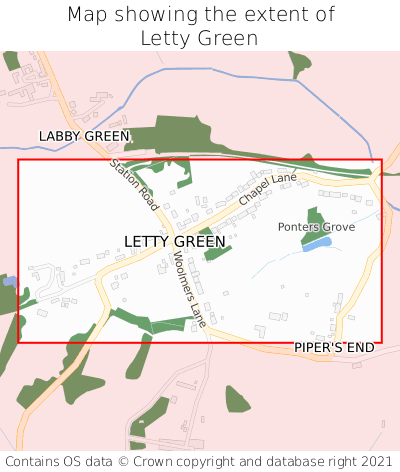 Map showing extent of Letty Green as bounding box