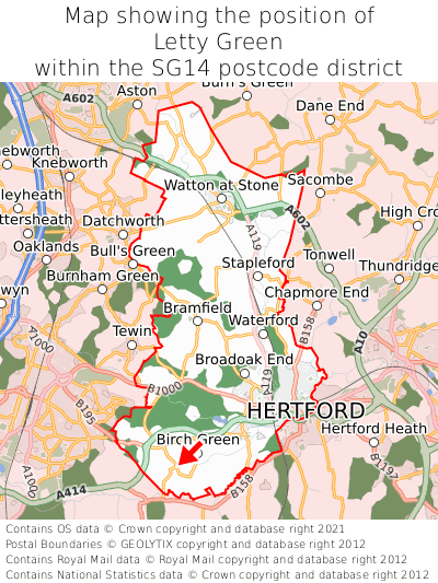 Map showing location of Letty Green within SG14