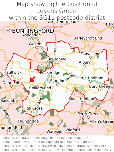 Map showing location of Levens Green within SG11