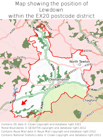 Map showing location of Lewdown within EX20