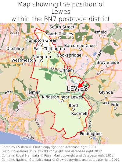 Map showing location of Lewes within BN7