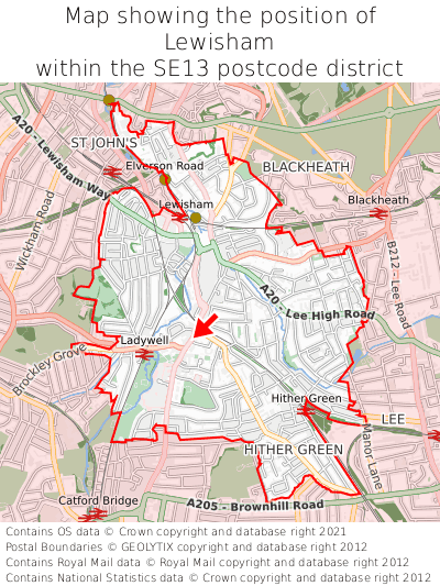 Map showing location of Lewisham within SE13