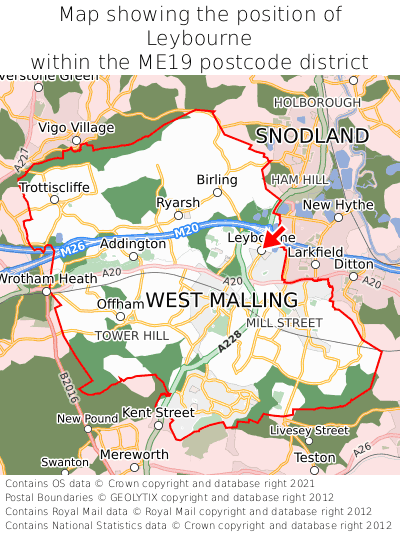 Map showing location of Leybourne within ME19