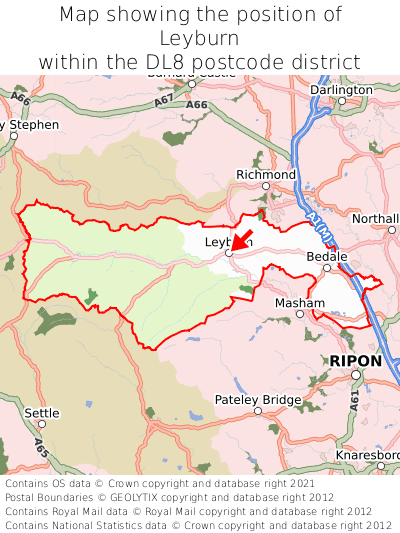 Map showing location of Leyburn within DL8