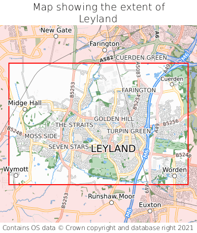 Map showing extent of Leyland as bounding box