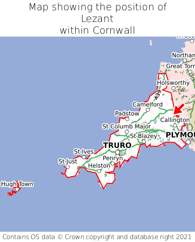 Map showing location of Lezant within Cornwall