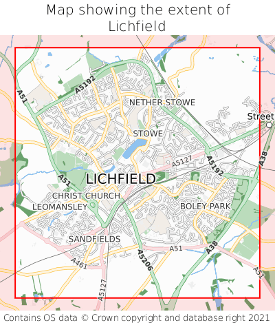 Map showing extent of Lichfield as bounding box