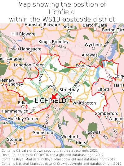 Map showing location of Lichfield within WS13