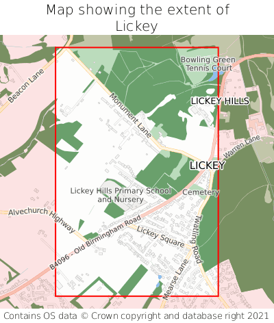 Map showing extent of Lickey as bounding box
