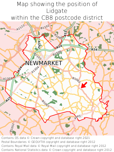 Map showing location of Lidgate within CB8