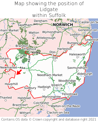 Map showing location of Lidgate within Suffolk