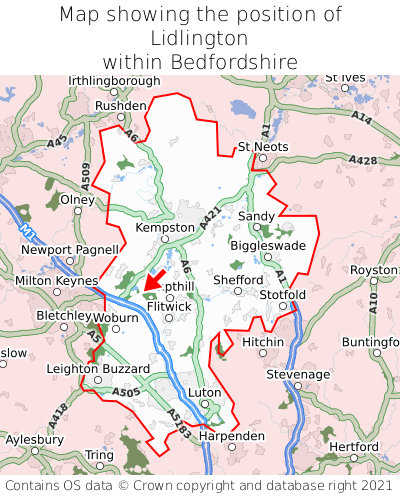Map showing location of Lidlington within Bedfordshire