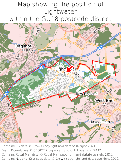 Map showing location of Lightwater within GU18