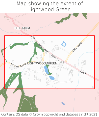 Map showing extent of Lightwood Green as bounding box