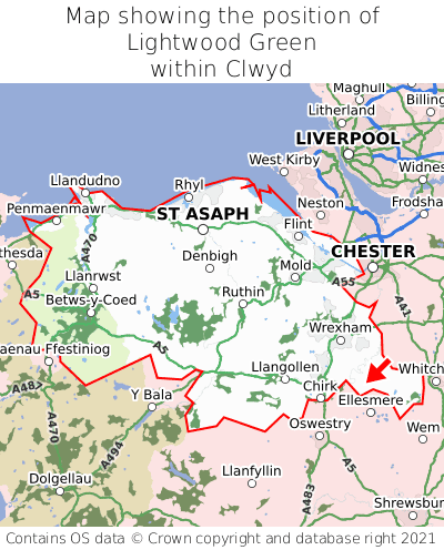 Map showing location of Lightwood Green within Clwyd