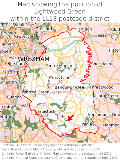 Map showing location of Lightwood Green within LL13