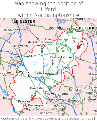 Map showing location of Lilford within Northamptonshire