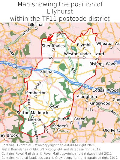 Map showing location of Lilyhurst within TF11