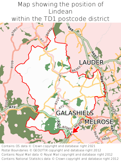 Map showing location of Lindean within TD1