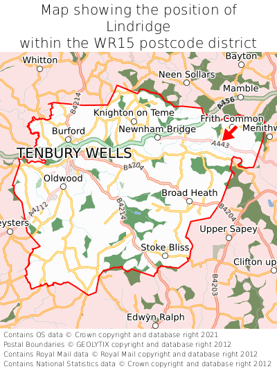 Map showing location of Lindridge within WR15