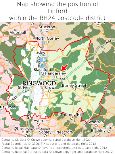 Map showing location of Linford within BH24