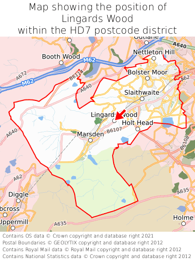 Map showing location of Lingards Wood within HD7