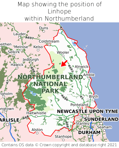 Map showing location of Linhope within Northumberland