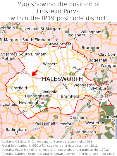 Map showing location of Linstead Parva within IP19