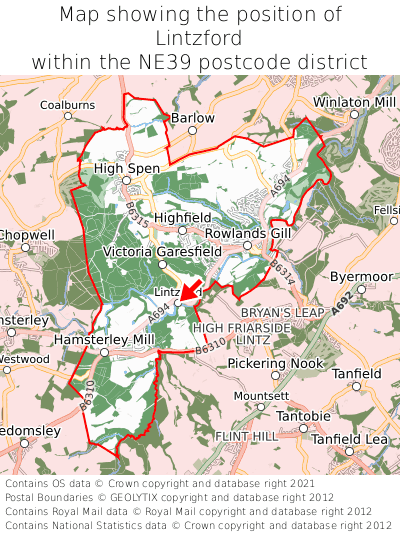 Map showing location of Lintzford within NE39