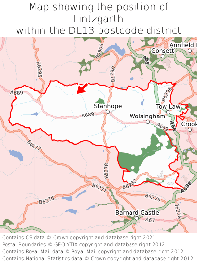 Map showing location of Lintzgarth within DL13