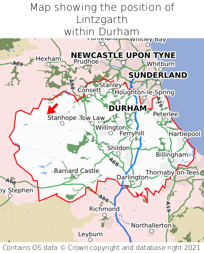 Map showing location of Lintzgarth within Durham